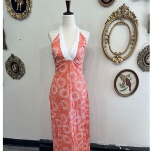 Allegra Hicks London Coral Orange Starburst Halter Neck Maxi Dress Size 8